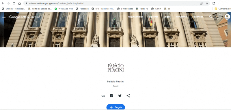 Imagem mostra o Palácio do Piratini no Google Arts & Culture
