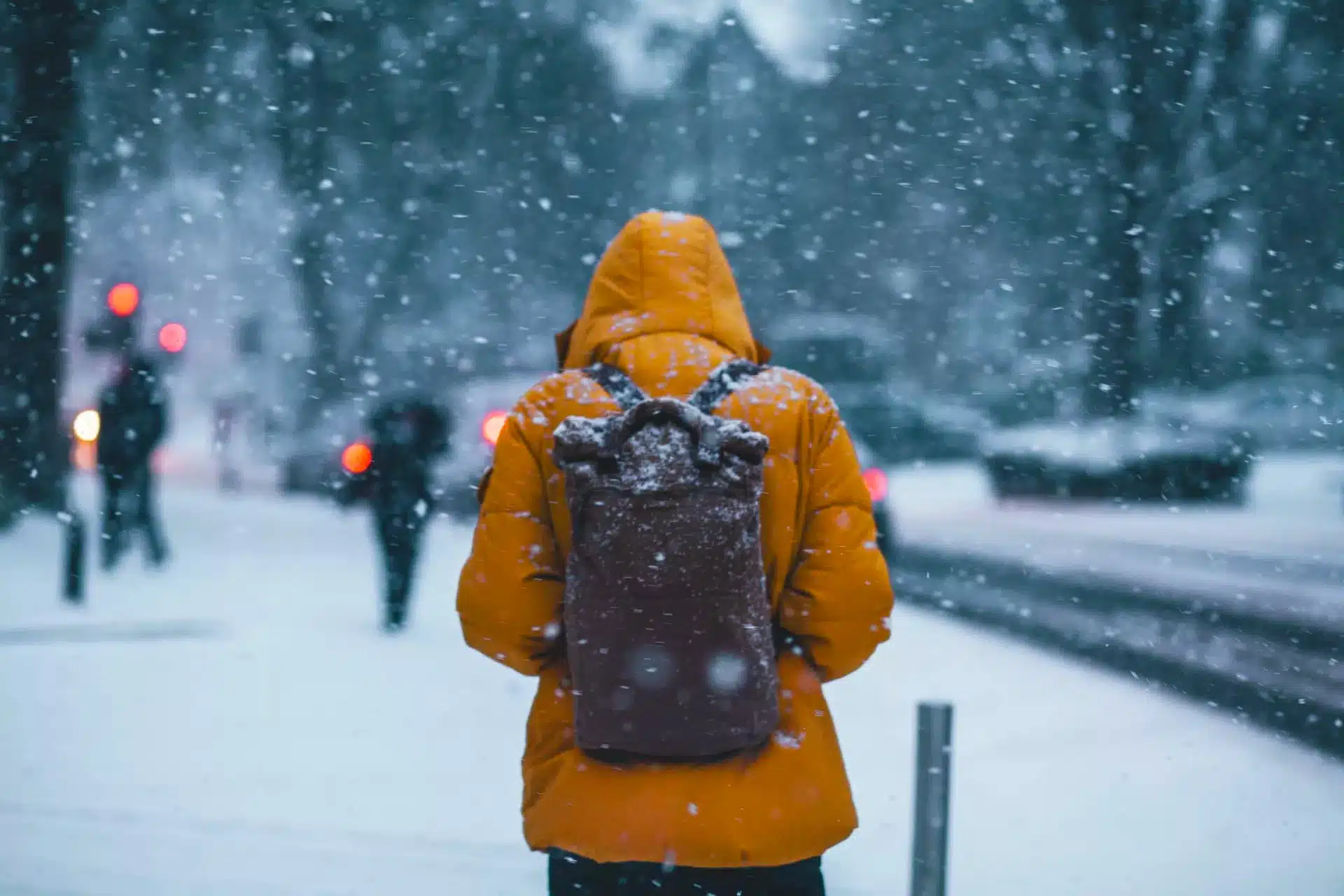 Uma pessoa de costas de jaqueta amarela e mochila enquanto está nevando