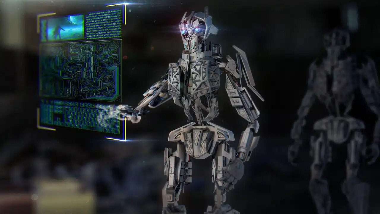 Robô futurista operando tela holográfica