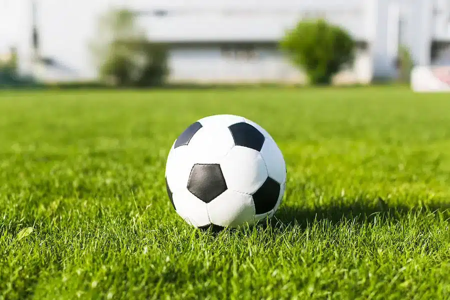 Foto mostra bola de futebol em campo.