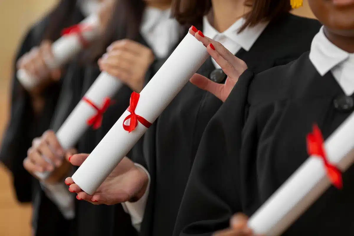 Foto mostra pessoas segurando diploma em ato de graduação. Imagem ilustrativa das faculdades cursadas por diversos artistas brasileiros.