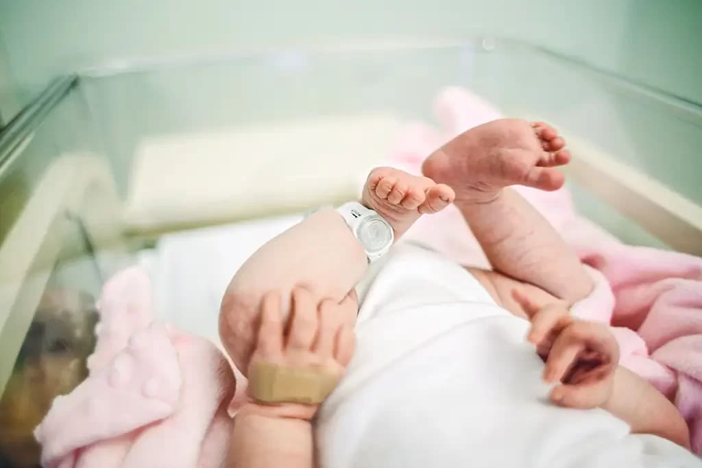 Pernas de bebê recém-nascido na maternidade