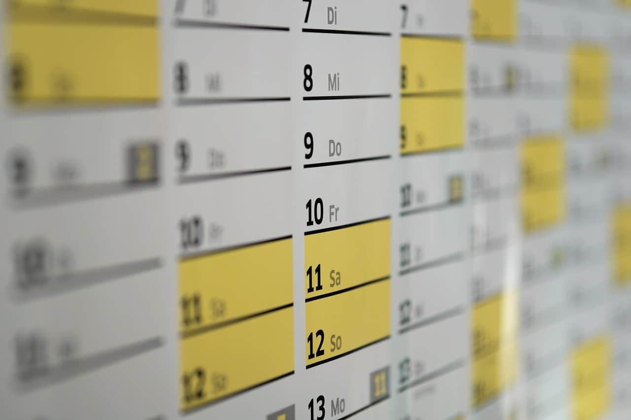 Calendário com número dos dias
