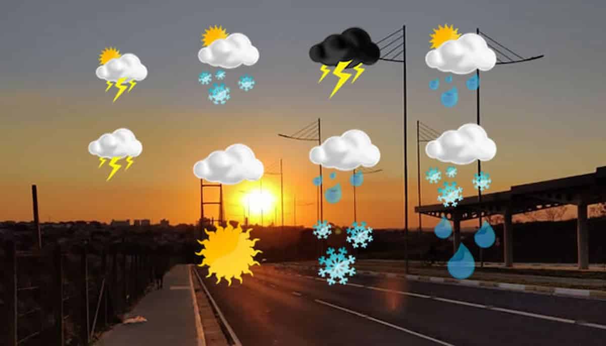 Imagem mostra figuras que remetem à mudanças no tempo: como nuvens, Sol, neve, entre outros.