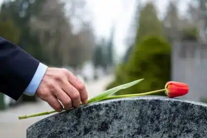 Imagem mostra pessoa colocando flor em cima de túmulo