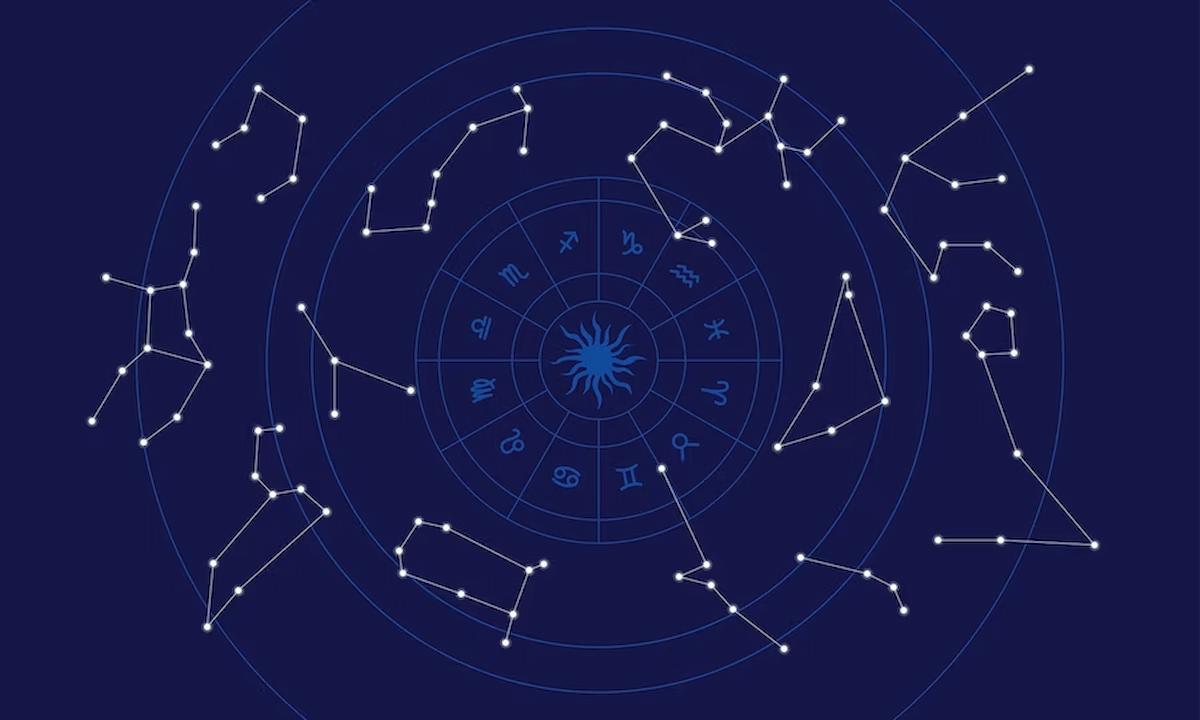 A ilustração mostra os signos do zodíaco e suas constelações.