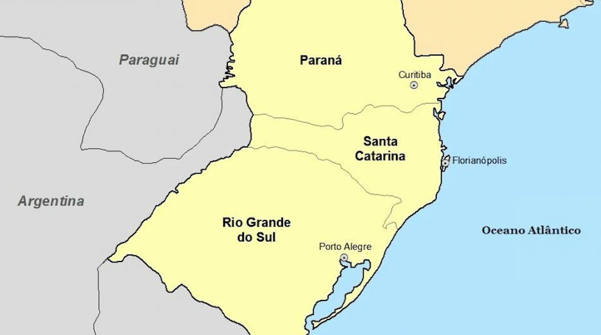 Foto mostra mapa da região Sul do Brasil, com os estados de Santa Catarina, Paraná e Rio Grande do Sul.