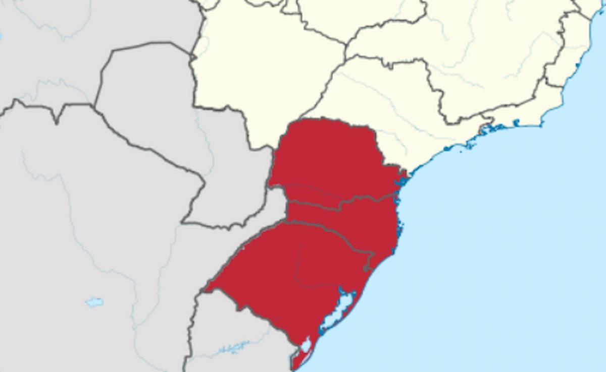 Foto mostra mapa da região Sul do Brasil, incluindo os estados de Santa Catarina, Paraná e Rio Grande do Sul.
